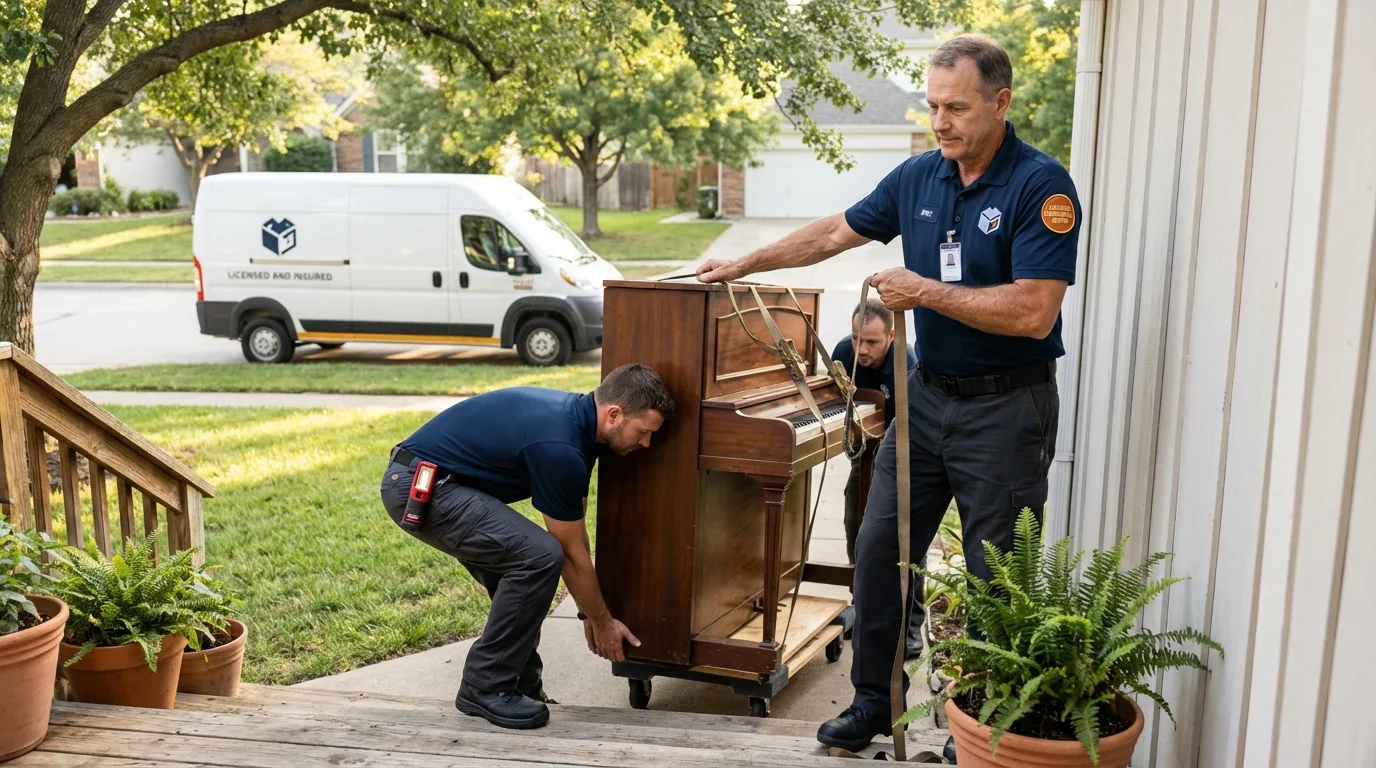 Licensed piano movers securing grand piano in Holly Ridge, NC