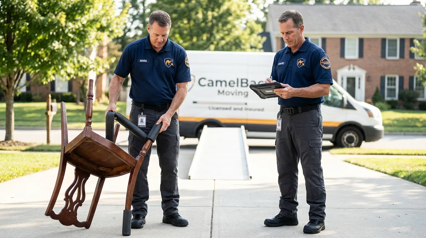 Movers inspecting furniture for damage prevention before loading in Holly Ridge, NC