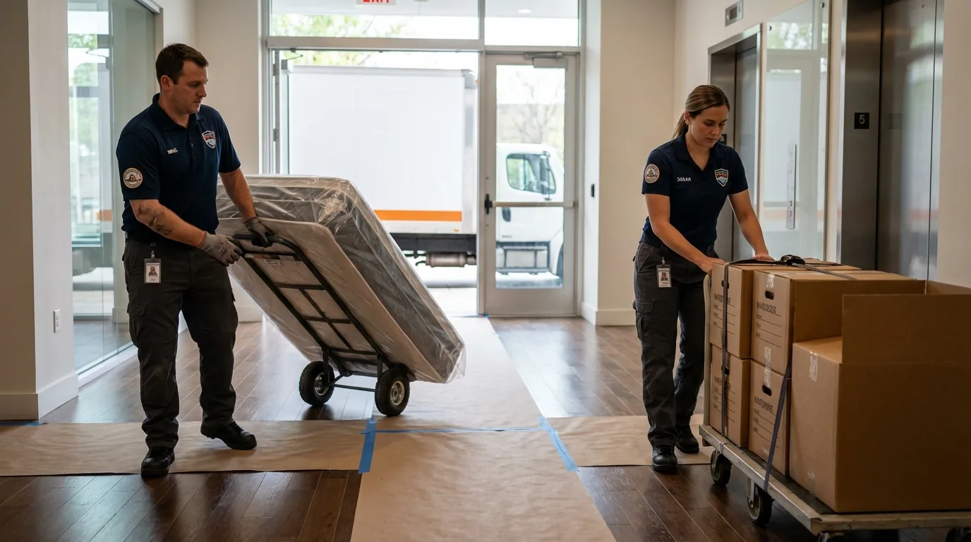 Professional apartment movers loading elevator in Holly Ridge, NC