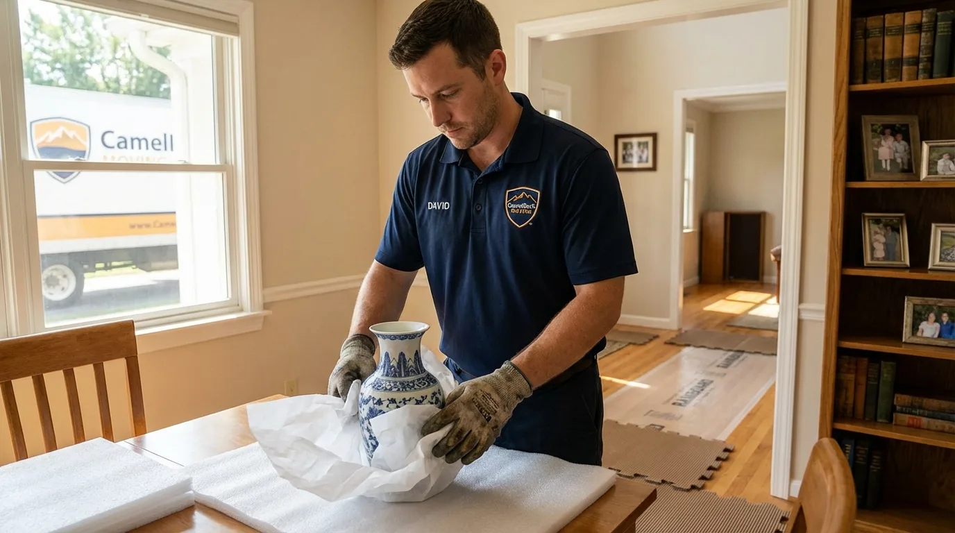 Professional crew carefully wrapping antique vase for senior downsizing move in Holly Ridge, NC